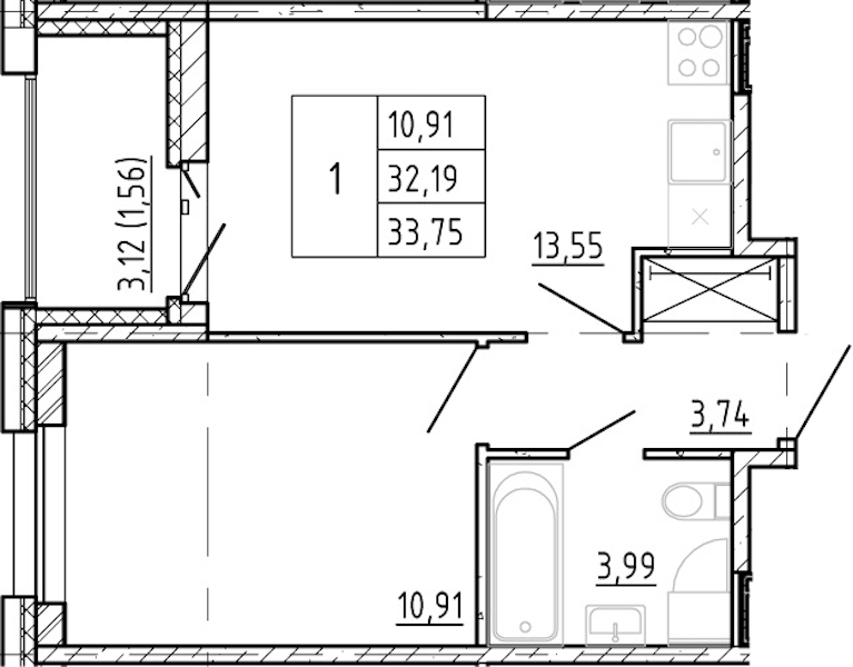 1-комнатная квартира 32.19 м², 11/12 эт., ЖК «Полис Новоселье»